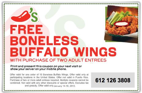 Chili’s: FREE Boneless Buffalo Wings with Purchase & Coupon ~ 1/14 – 1/16