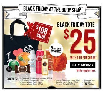 Black Friday Starts NOW at The Body Shop!  Get 3 for $30 + Black Friday Tote for $25!  Ends 11/30
