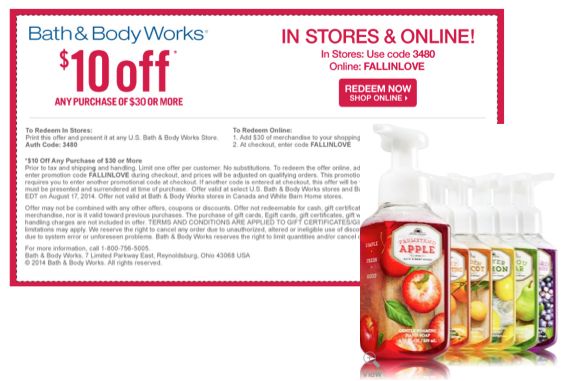 Save $10/$30 Bath & Body Works Printable Coupon + FREE Shipping*!