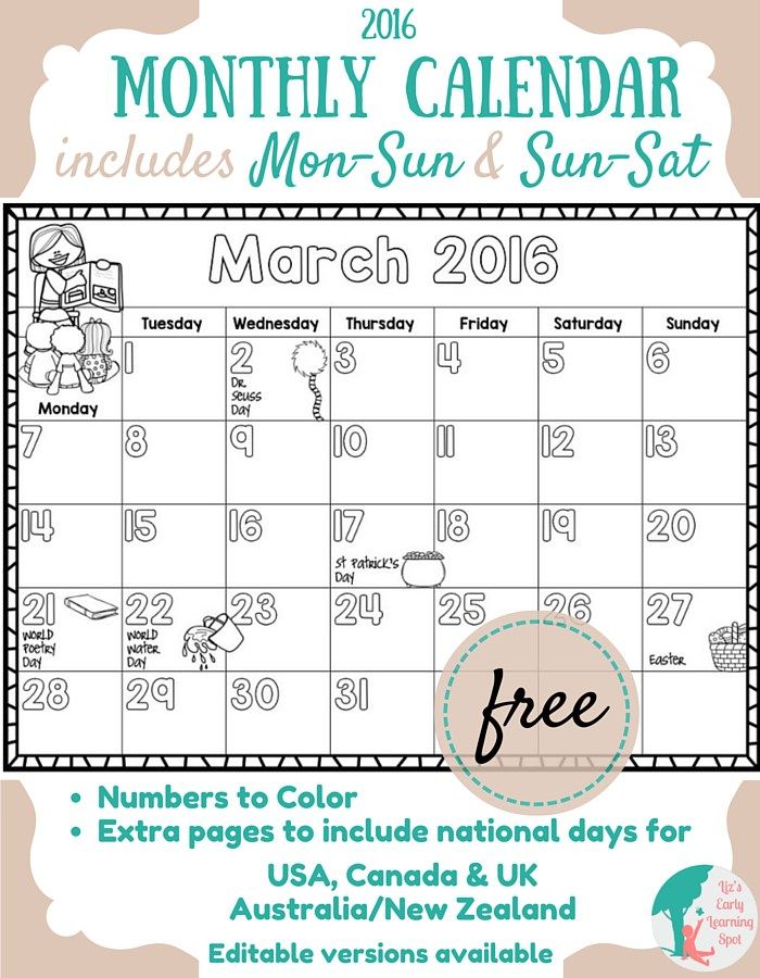 FREE Printable 2016 Calendar for Kids! Color It Yourself!