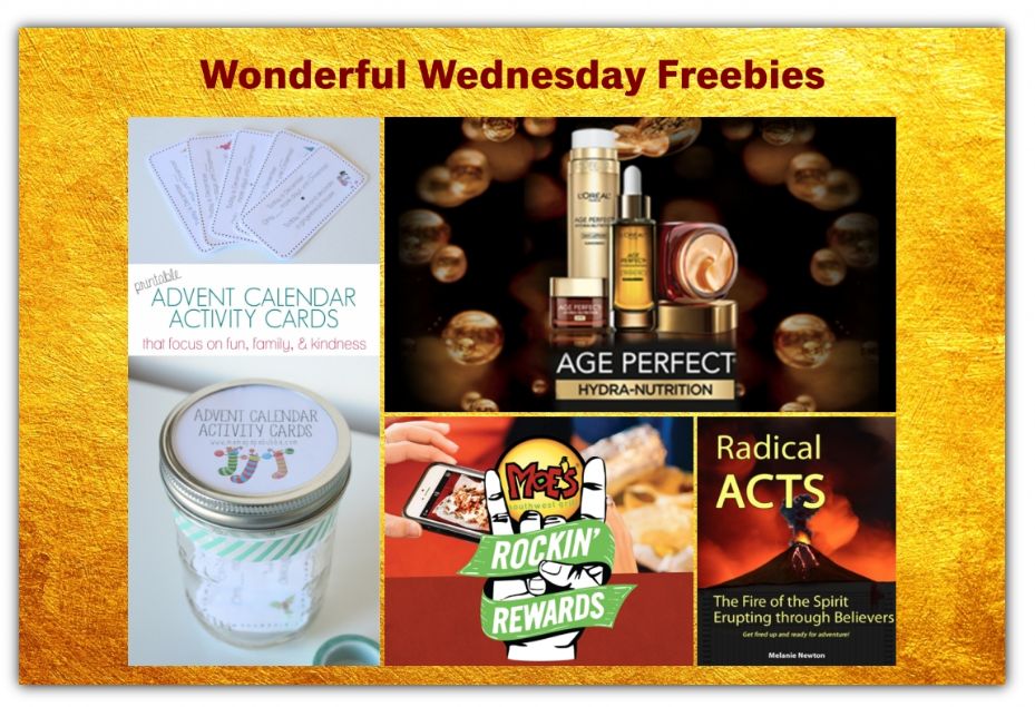 FOUR FREEbies: Advent Calendar Activity Cards Printable, Moe's Burrito, L'Oreal Age Perfect Lotion and Acts Bible Study for Women!