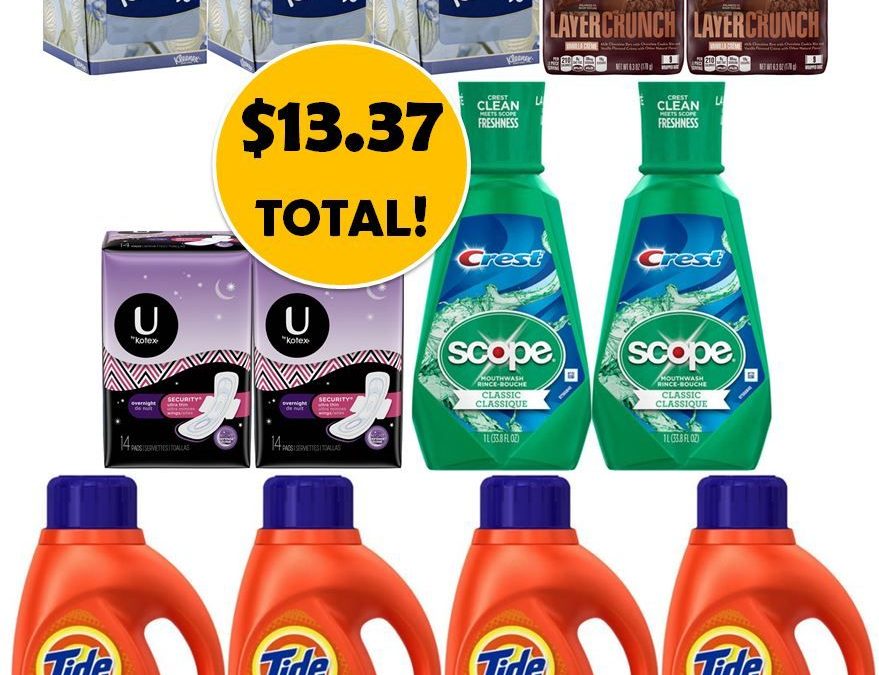 For Only $13.37, Grab (2) Mouthwashes, (2) Hershey's, (2) Kotex Pads, (3) Kleenex Tissues & (4) Tide Detergents This Week at CVS!
