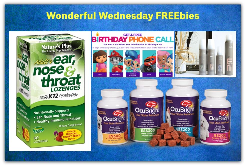 FOUR FREEbies:  OcuBright Dog Tear Stain Removal, Birthday Phone Call from Nick Jr., Ear, Nose & Throat Lozenges and EIMI Hair Products!