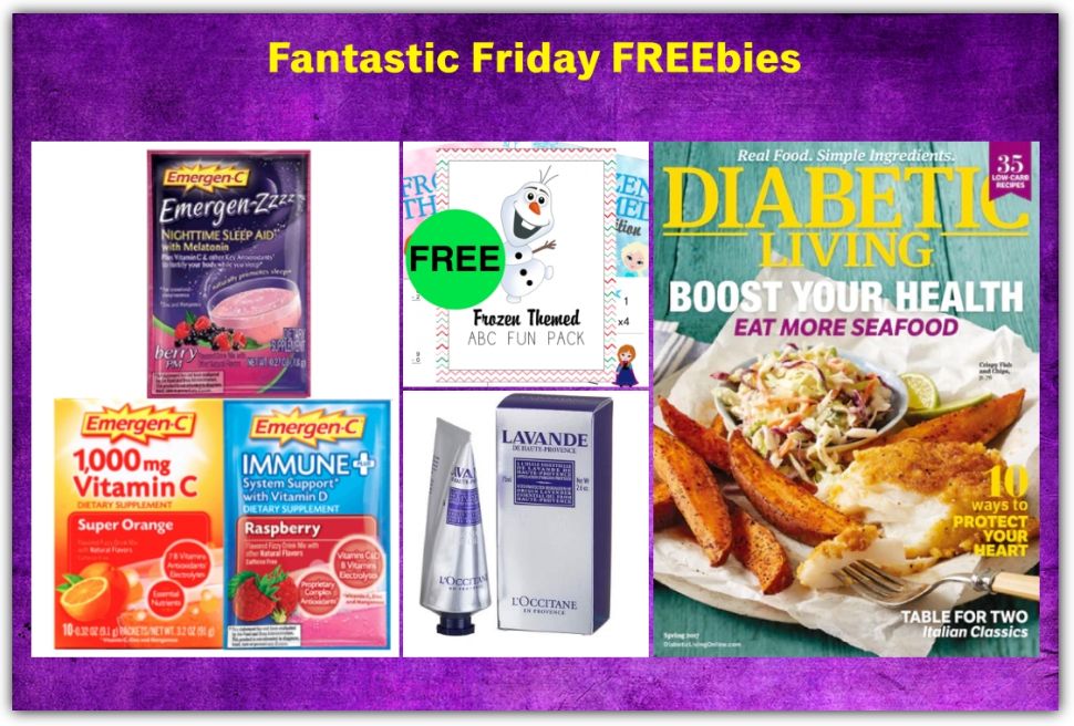 FOUR FREEbies: Frozen Themed ABC & Math Printables, Annual Subscription to Diabetic Living Magazine, THREE Emergen-C Packets and L'Occitane Hand Cream!