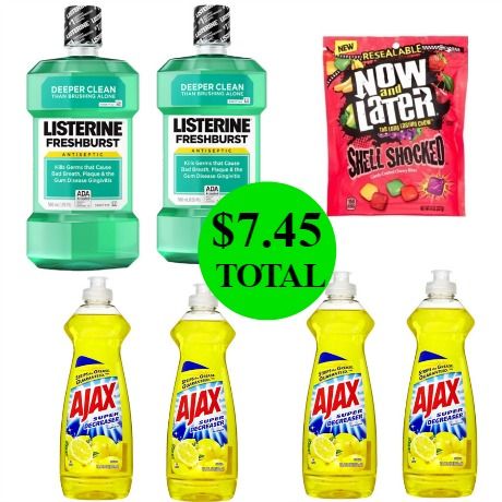 Less Than $8 Gets You TWO (2!) 1.5 Liter Listerine Mouthwash FOUR (4!) Ajax Dish Liquids, & ONE (1!) Candy Going On NOW at Walgreens!