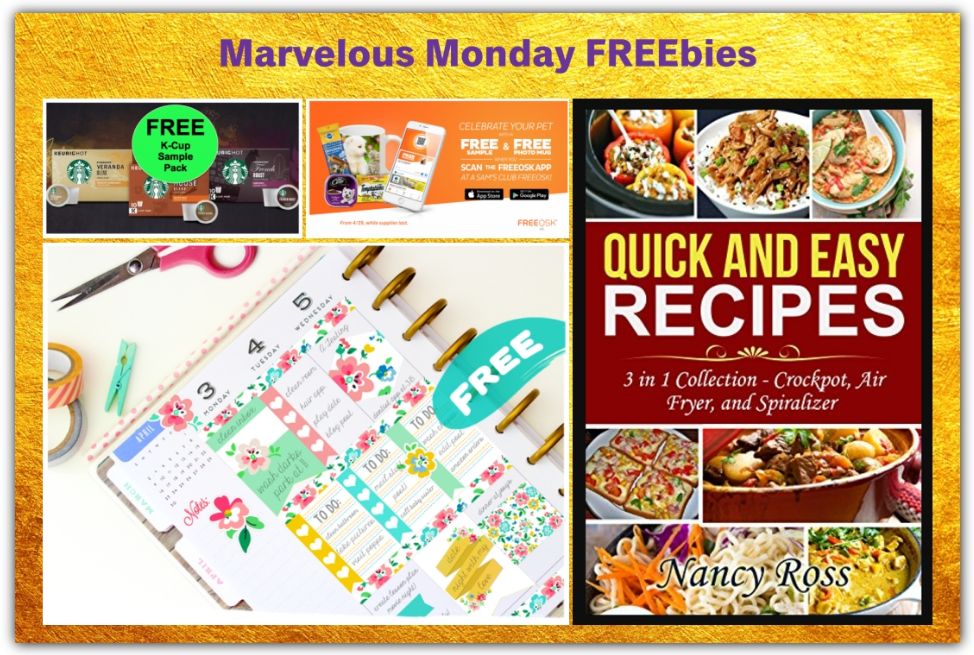 FOUR FREEbies: Starbucks K-Cup Sampler Pack, Pet Treats & Photo Mug at Sam's Club, Quick & Easy Recipes for the Crock Pot, Air Fryer and Spiralizer eCookbook and May Planner Stickers Printables!