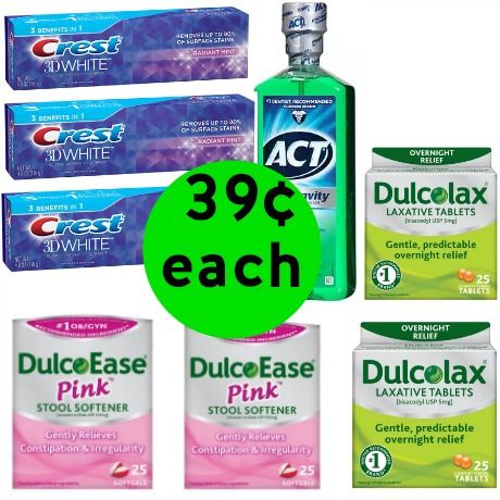 For $3.14 TOTAL, Get (2) Dulcolax, (2) Dulcoease, (3) Crest Toothpastes & (1) Act Mouth Rinse Next Week at Walgreens!