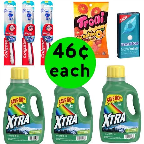For $3.70 TOTAL, Get (3) Colgate Toothbrushes, (3) Xtra Laundry Detergents, (1) Trolli Gummy Candy, & (1) Mentos NOW Mints This Week at Walgreens!