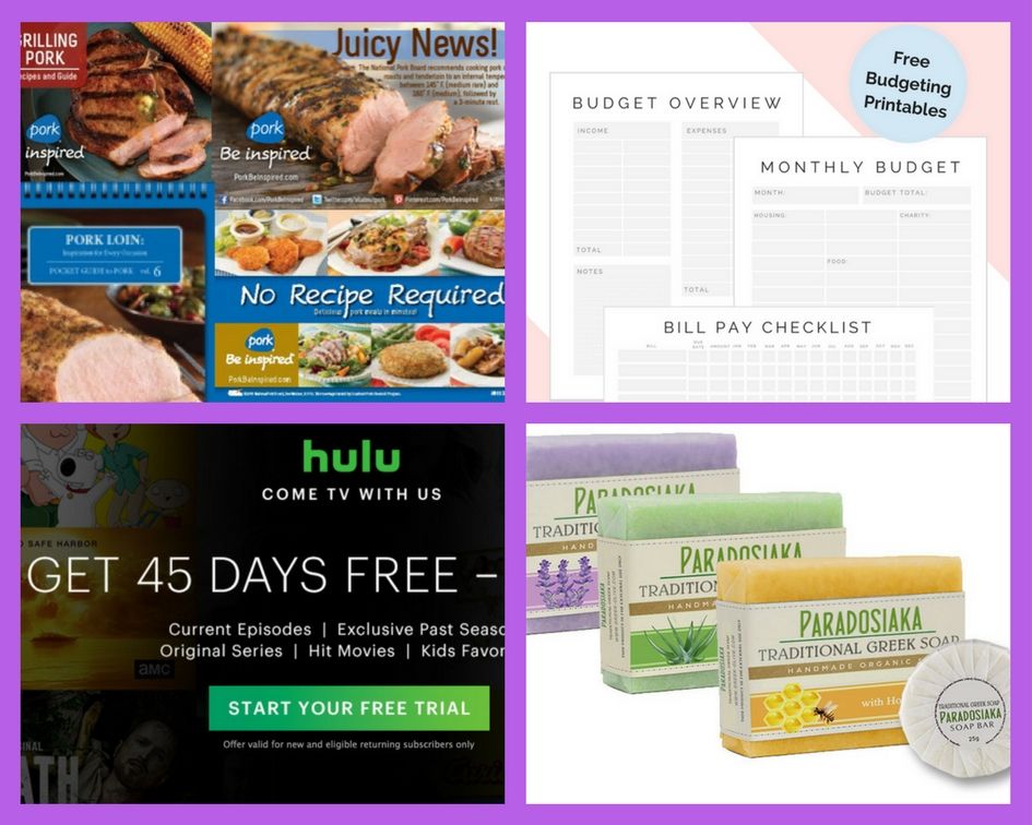 FOUR (4!) FREEbies: Guides to Cooking Pork, Monthly Budgeting Printables, 45-Day Hulu Subscription and Greek Soap!