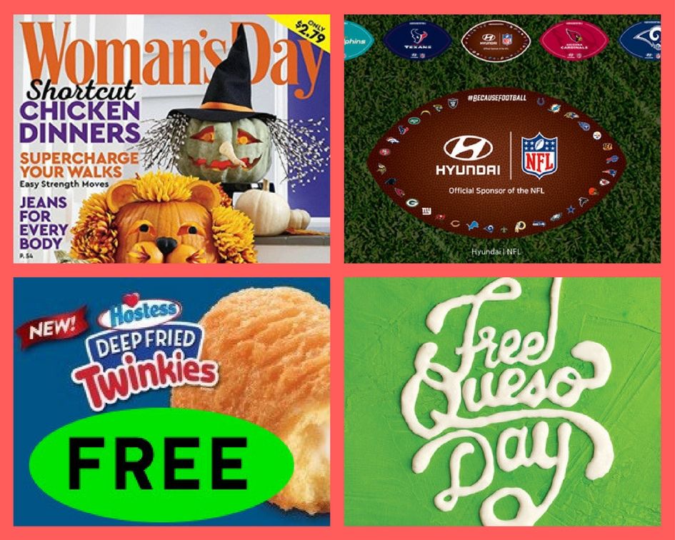 FOUR (4!) FREEbies: Annual Subscription to Woman’s Day Magazine, NFL Car Decal, Deep Fried Twinkie at Long John Silvers and Queso Day September 21st!!