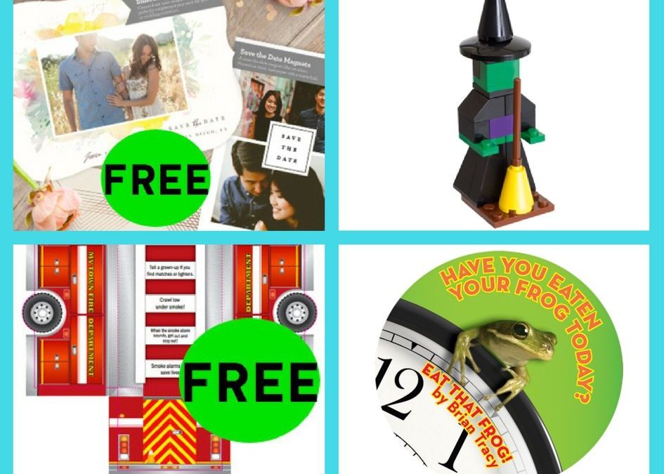 FOUR (4!) FREEbies: Save The Date Kit, Lego Store Building Event, Firetruck Foldup Activity Sheet and Eat That Frog Sticker!