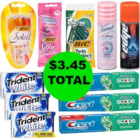 For $3.45 TOTAL, Get (3) Bic Razor Packs, (2) Edge or Skintimate Shave Gel, (3) Crest Complete Toothpaste & (3) Chewing Gum This Week at Walgreens!