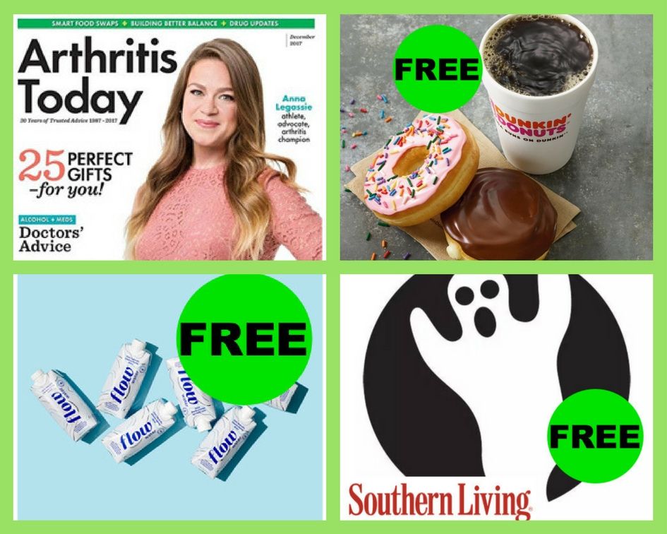 FOUR (4!) FREEbies: Annual Subscription to Arthritis Today Magazine, $3 at Dunking Donuts, Flow Water and Southern Living Pumpkin Carving Printable Templates!