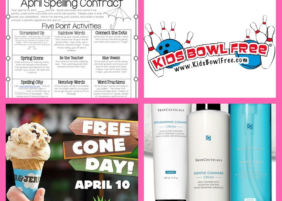 Don’t Miss Out on These FOUR (4!) FREEbies: April Spelling Contract Printable, Kids Bowling, Ben & Jerry’s Cone and Skin Cleanser!