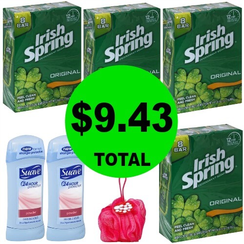 $9.43 Total for (4) Irish Spring 8 Bar Packs, (2) Suave Deodorants & Bath Puff at Publix! (5/13-5/18)